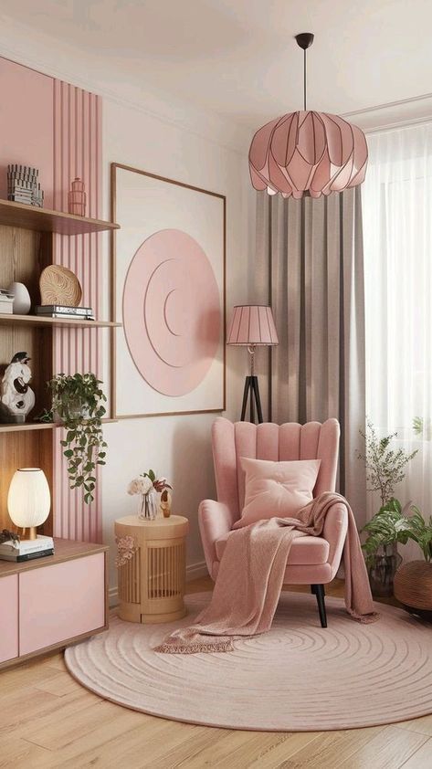 A pink living room with chairs and pink rug and  floor lamp backside the chair 