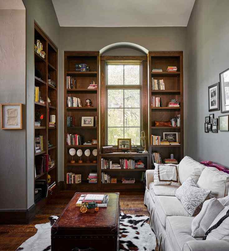 A grey living with brown book shelves and sofa and table and rug on the floor