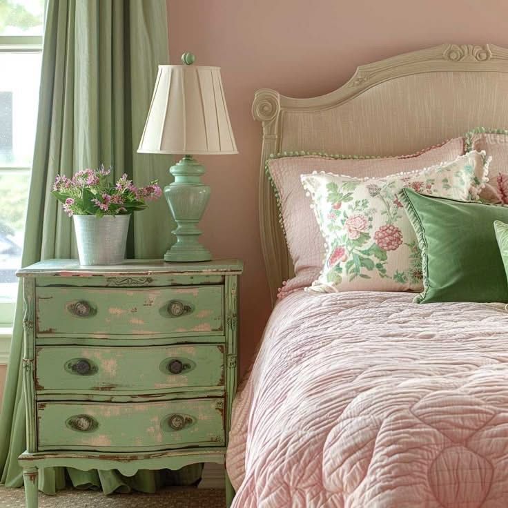 A pink bedroom with green nightstand and lamp on it