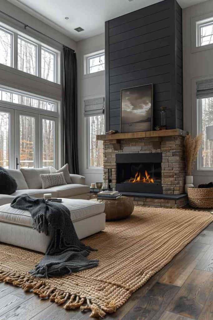 A grey and brown living room with fireplace and and mat on the floor