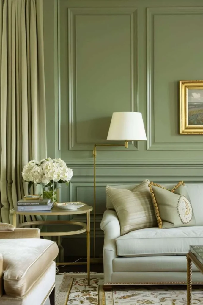 A green wall and stone lamp with side table