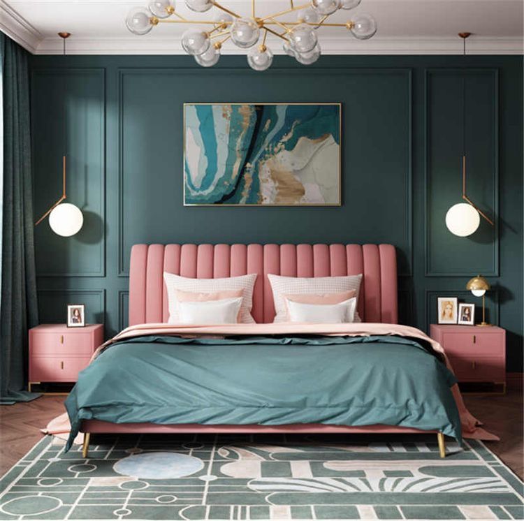 A green living room with pink bed and side doors and lights and mat on the floor 