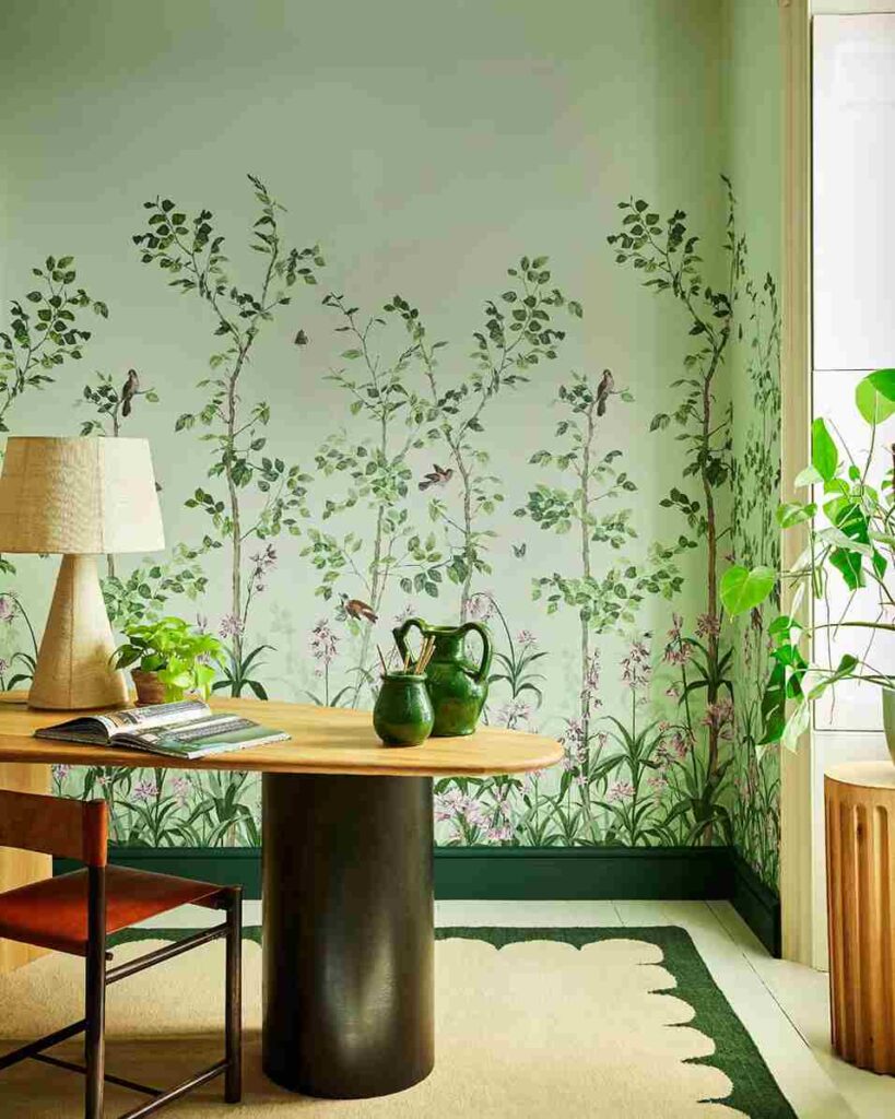 A sage green house with floral pain on the wall