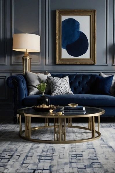 A living room with wooden frames painting on the wall and metallic accents