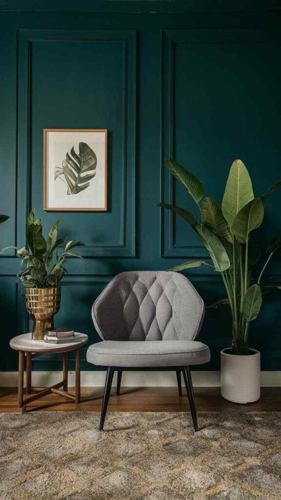 A green house with grey chairs and white vaase