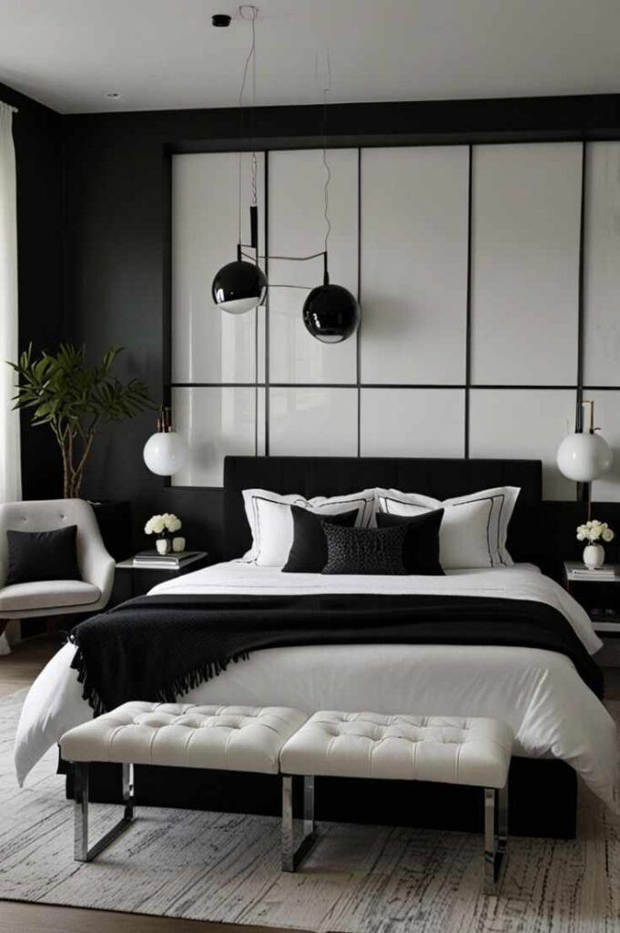 A black and white bedroom with bed 