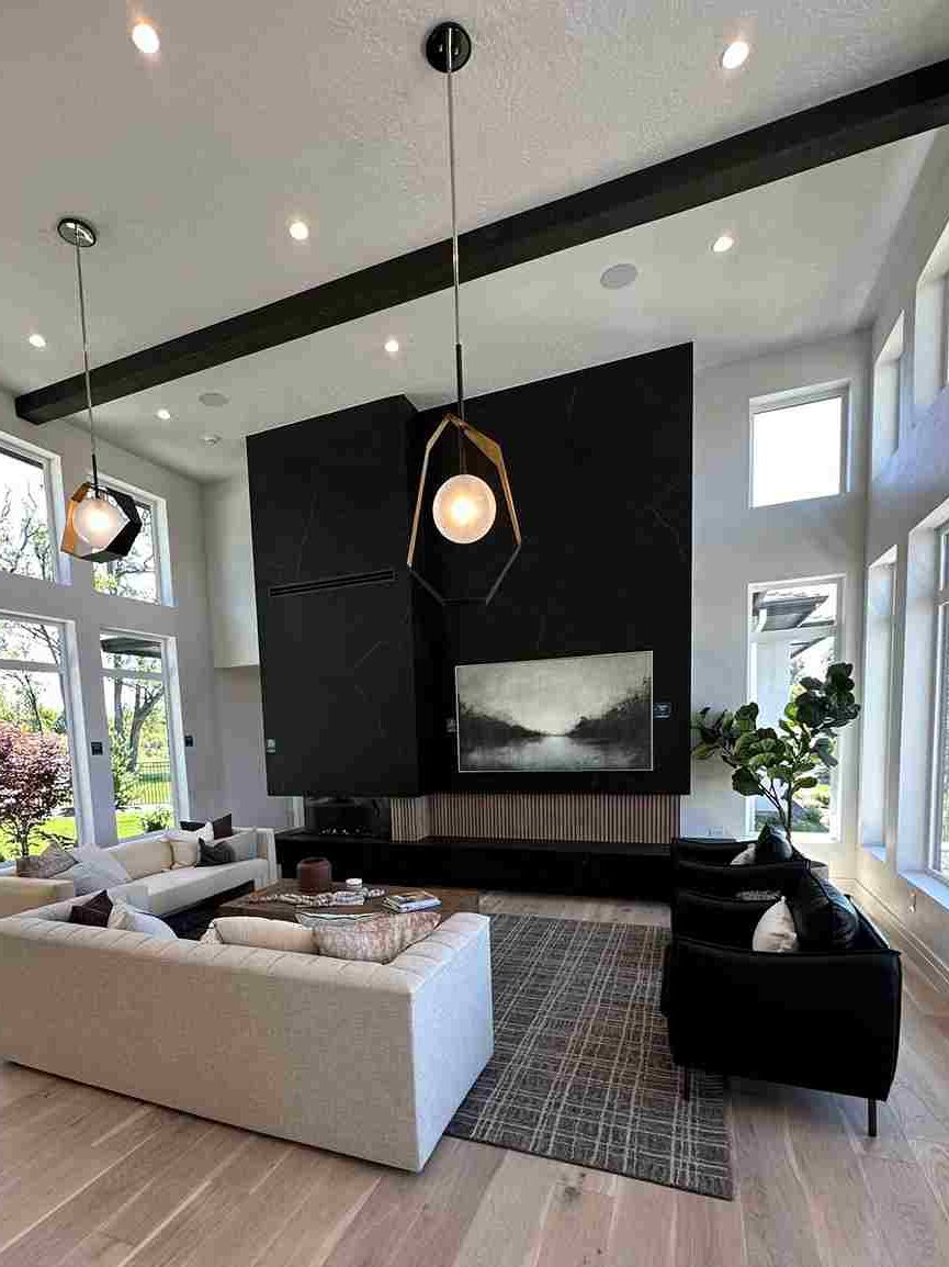 A black and white room and sofa and cushion and lights above the wall and rug on the floor