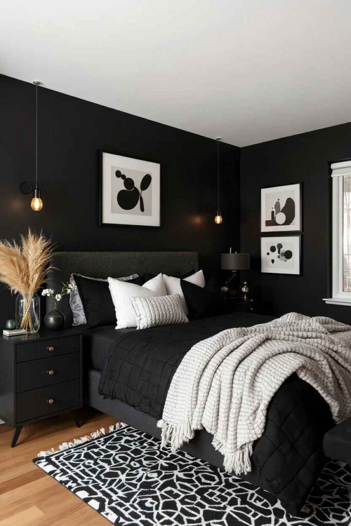 A black bedroom and white and black rug and white pillows and light above the wall 