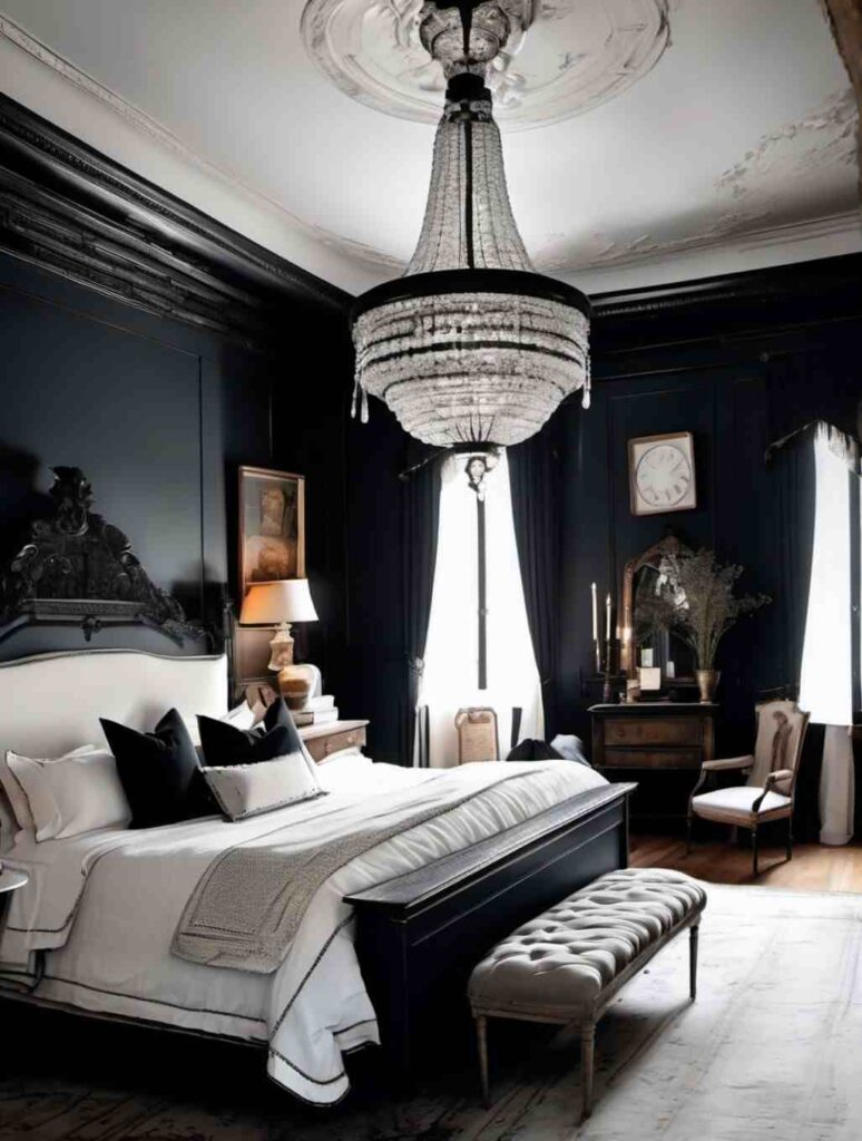 Black bedroom with white celling and white and black pillows 