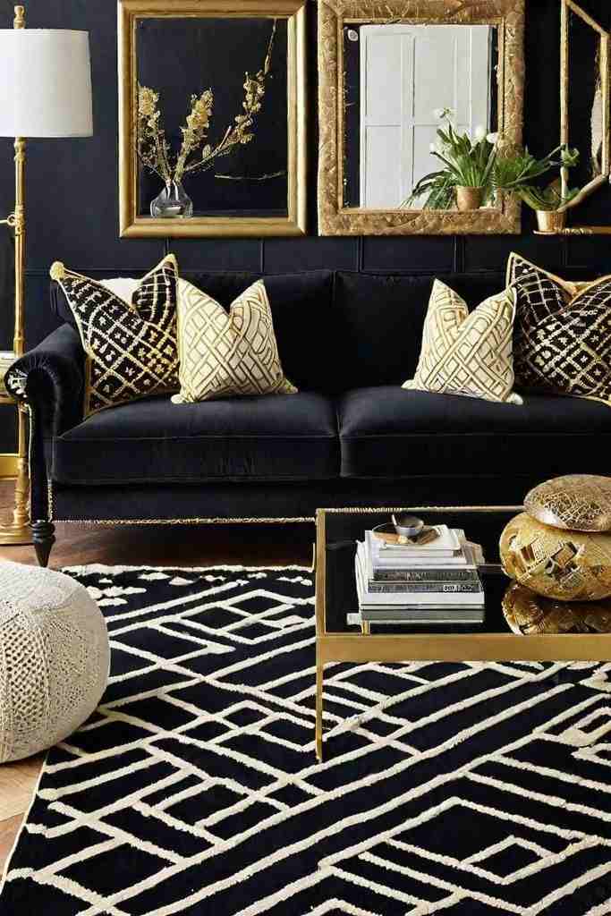 A gold and black living with black sofa and white cushion on it and a glass table