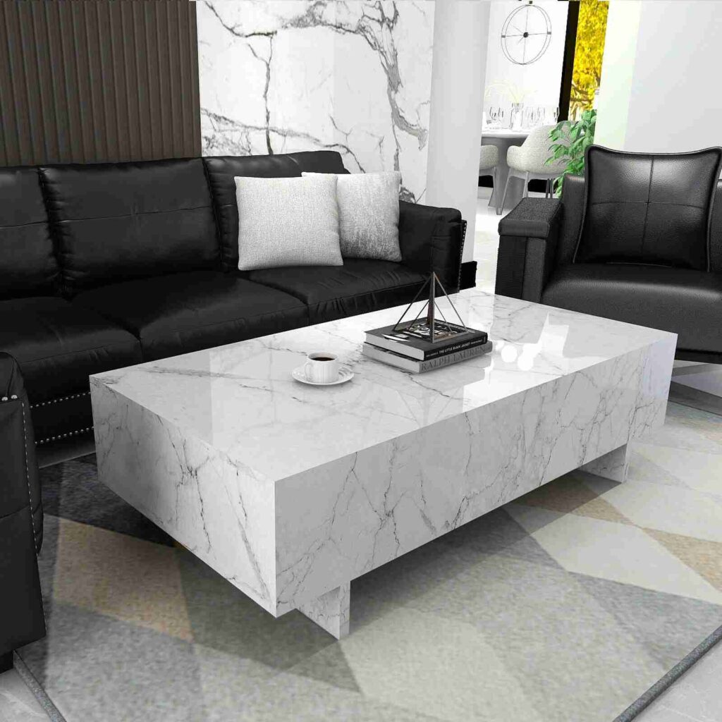 A white marble chair and black living room and mat on the table