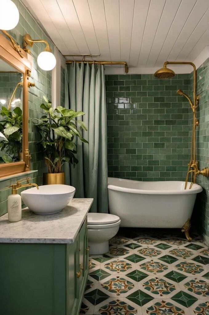 A green bathroom with gold accents  and white bathtub and sink and gold fixtures 