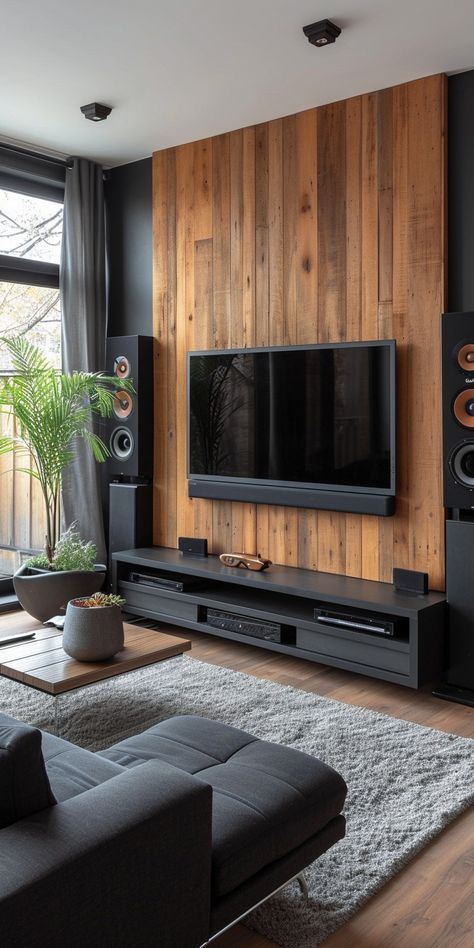 Wood wall panel in black living room and tv on the wall