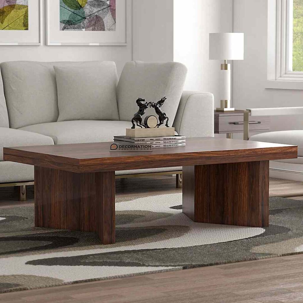Wooden table and sofa and white side lamp on side table