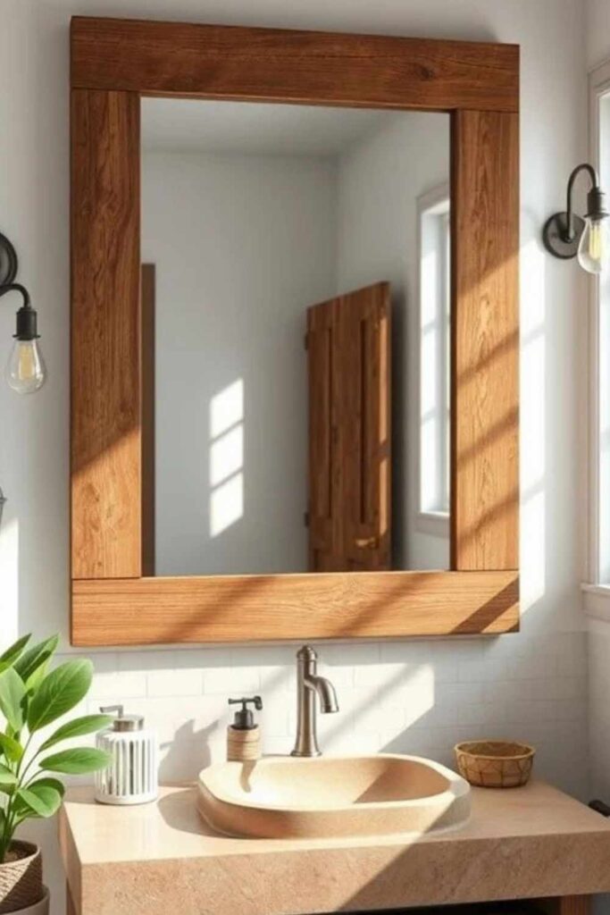 A wooden framed mirror on white wall and sink with sliver  fixtures 