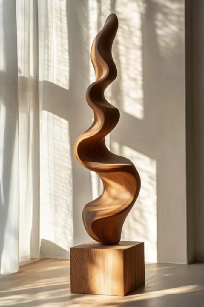 A white living room with wood sculpture