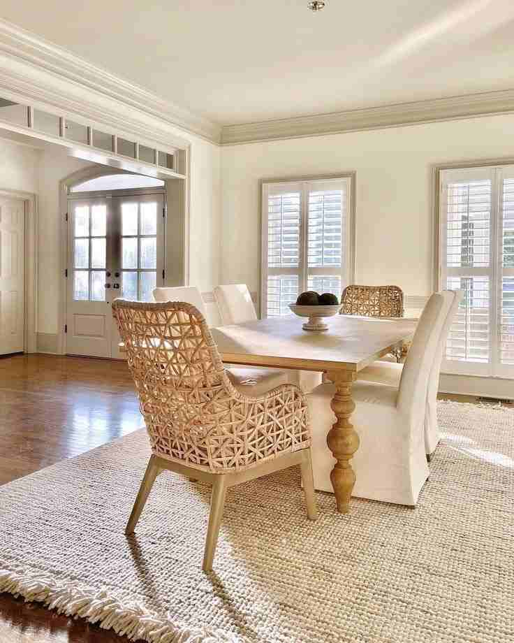 Woven rattan chairs with table in white living room and white windows and mat on the floor