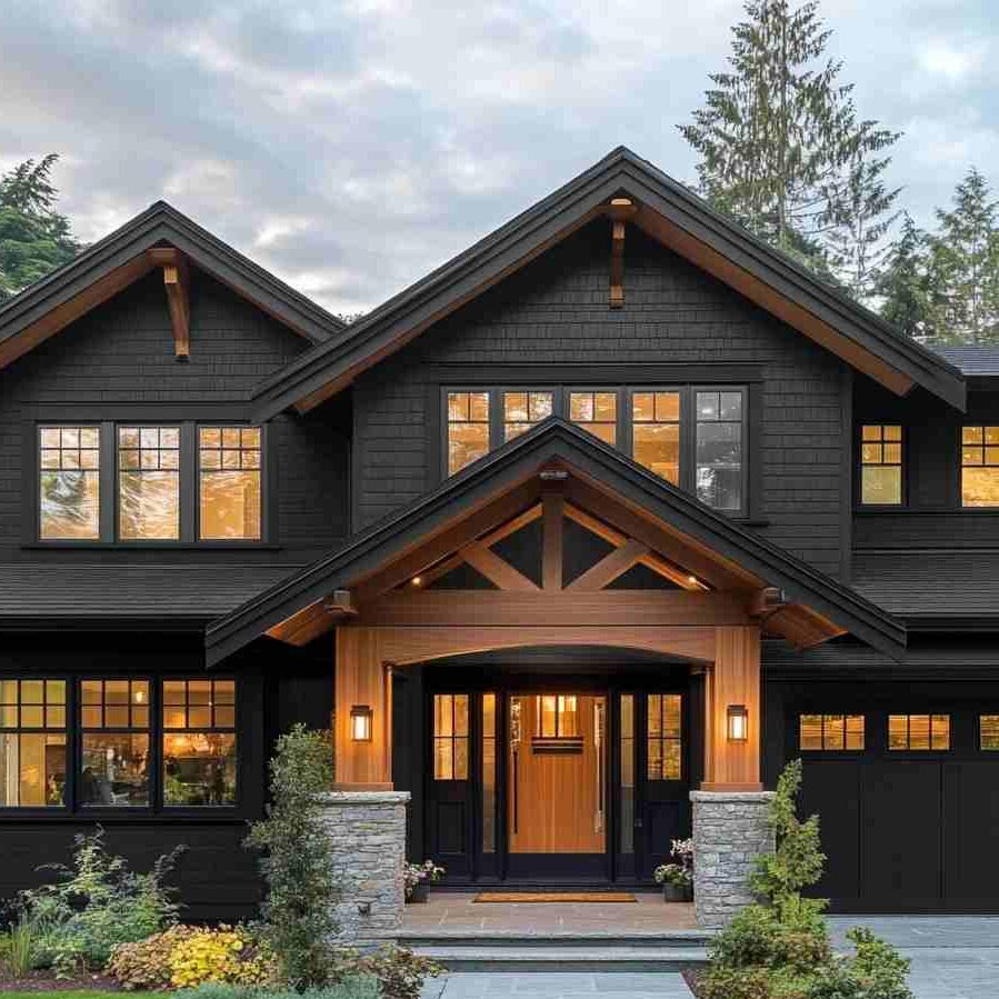A black house with cedar accents and lights on the pillars