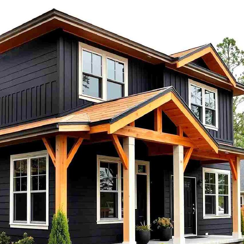 A black house with cedar roofline and white windows