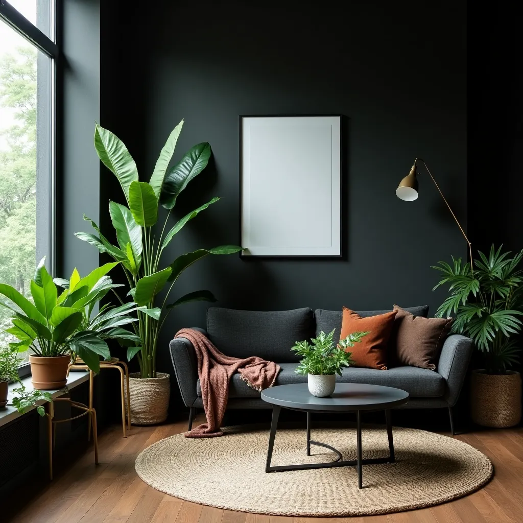 A black room and vase on the table and sofa