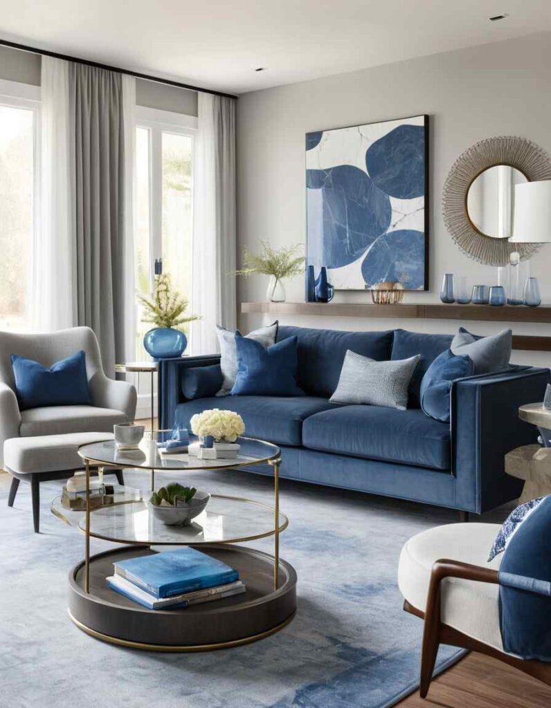 A grey living room with blue ase on table and glass table and blue sofa 