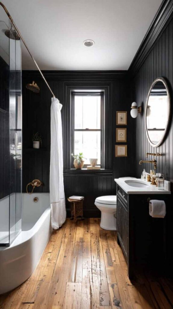 A black board and batten bathroom and white bathtub and painting on the wall