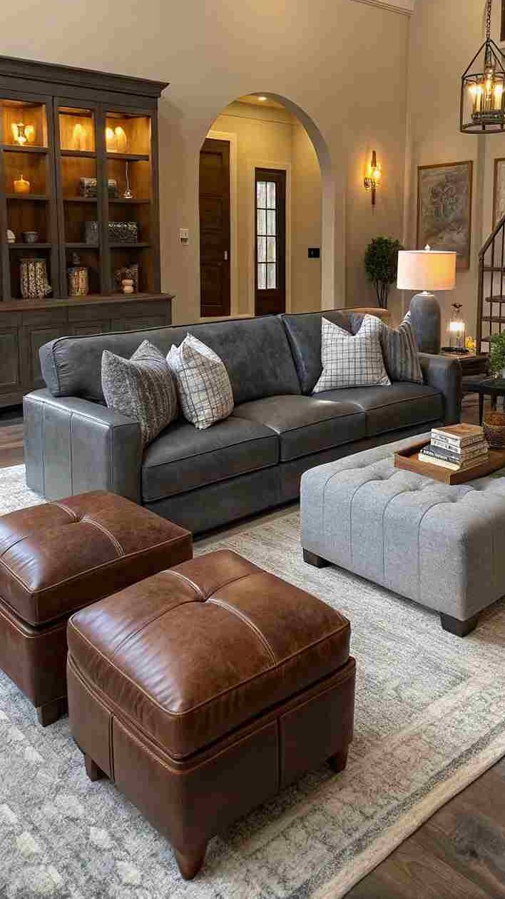 A grey living room with grey sofa and brown ottoman