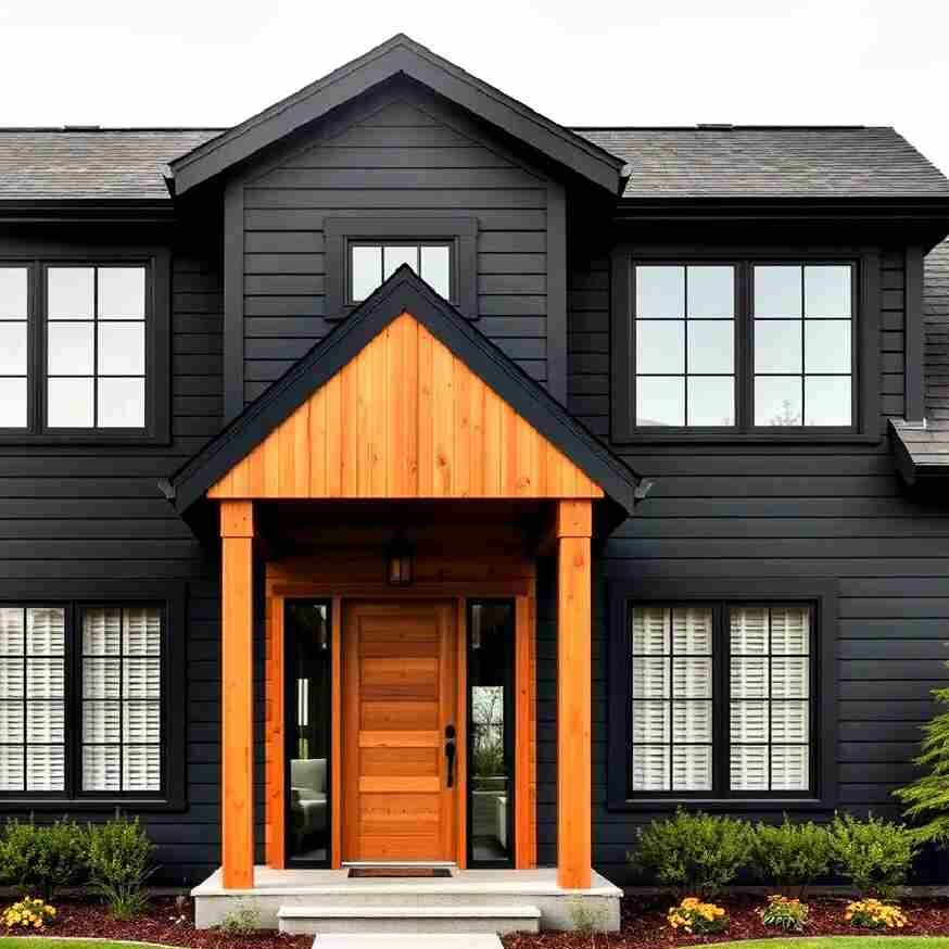 Black house with cedar entry way and wooden door and black framed windows