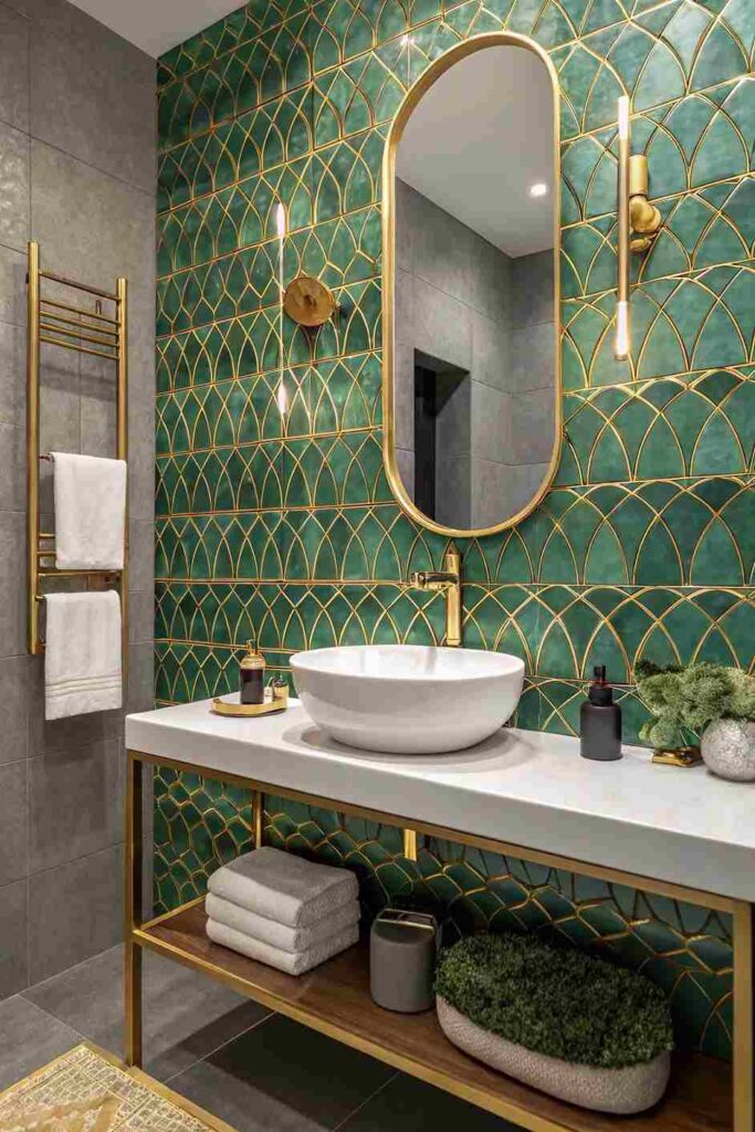 A green bathroom with gold accents  and fixtures and white sink and wooden vanity 