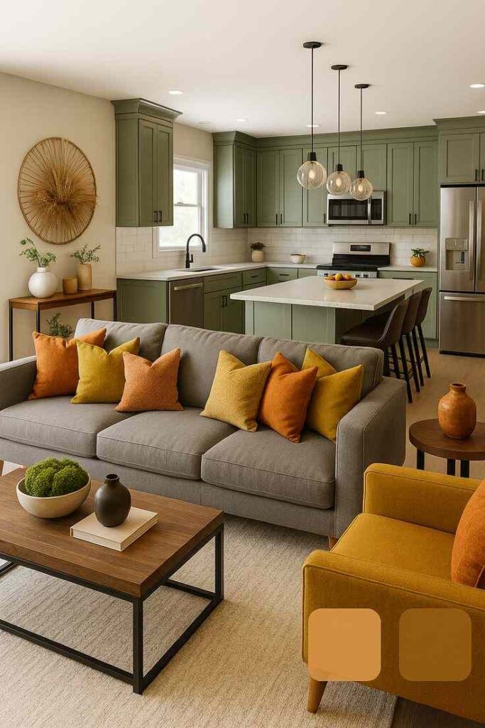 A sage and green room with yellow accents and a wooden table and hang lamp