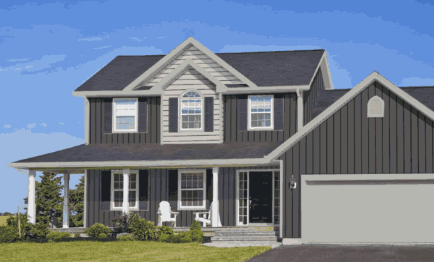 A grey house with board and batten and shutter