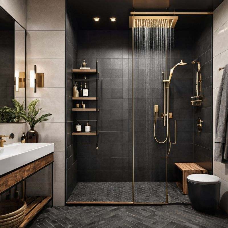 A black bathroom with golden pot and golden shower and white sink