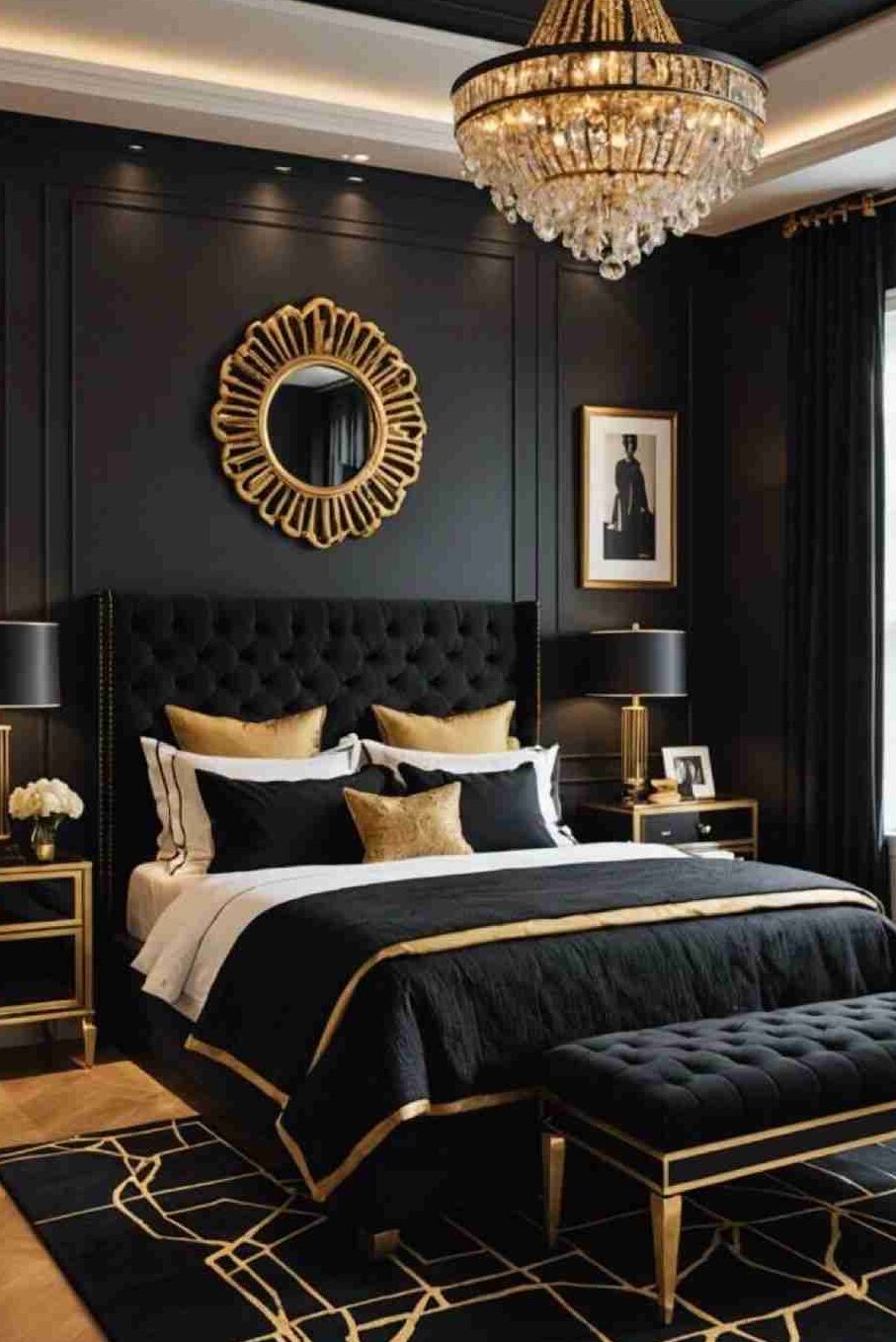 Minimal crystal chandelier on black bedroom and gold framed mirror on the wall 
