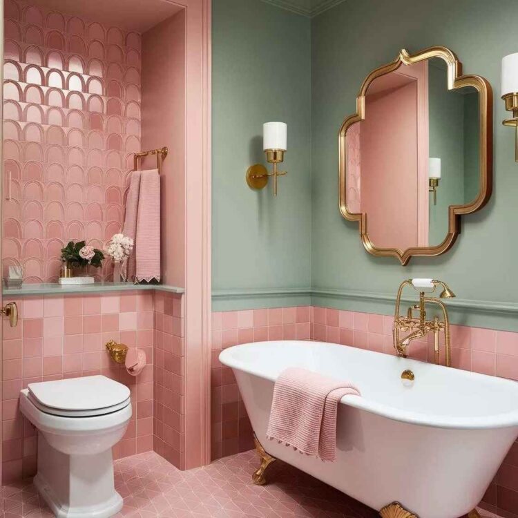 A mirror on the green wall and white bathtub and gold fixture