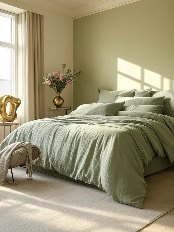 A gold sculptural pieces on side table and sage green bedroom with windows with curtain 