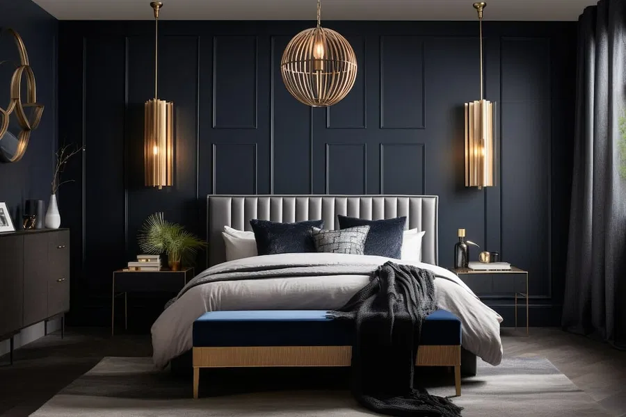 A black bedroom with metallic accent and wooden floor 