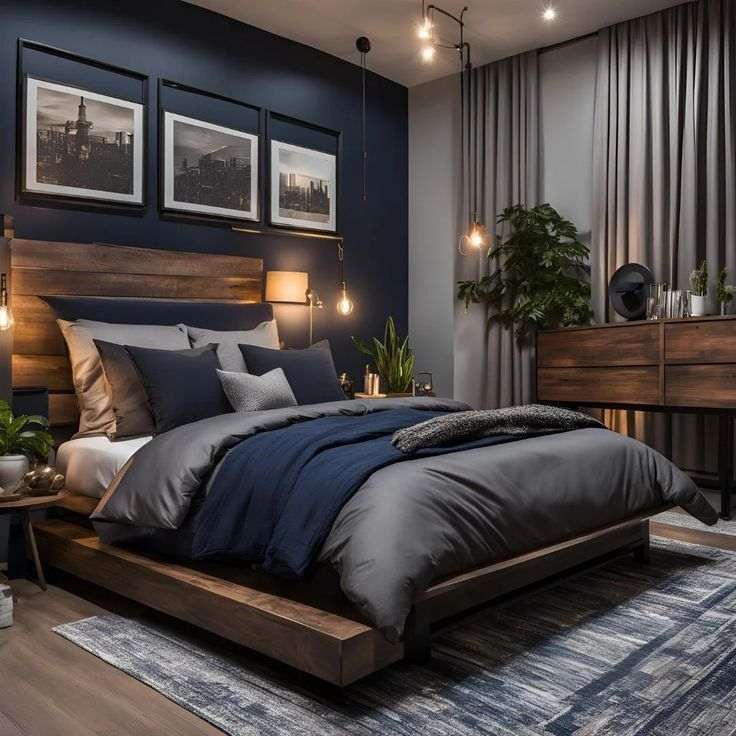 A blue and grey living room with wooden bed and cabinet and wooden floor 