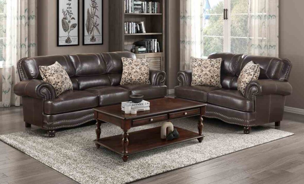 A grey living room with brown sofa and wooden floor and rig on it 