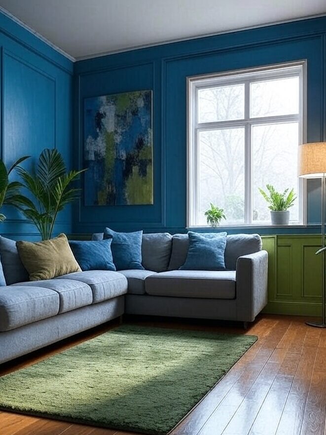 A blue and green wainscoting livig room with grey sofa and cushion on it and wooden floor 