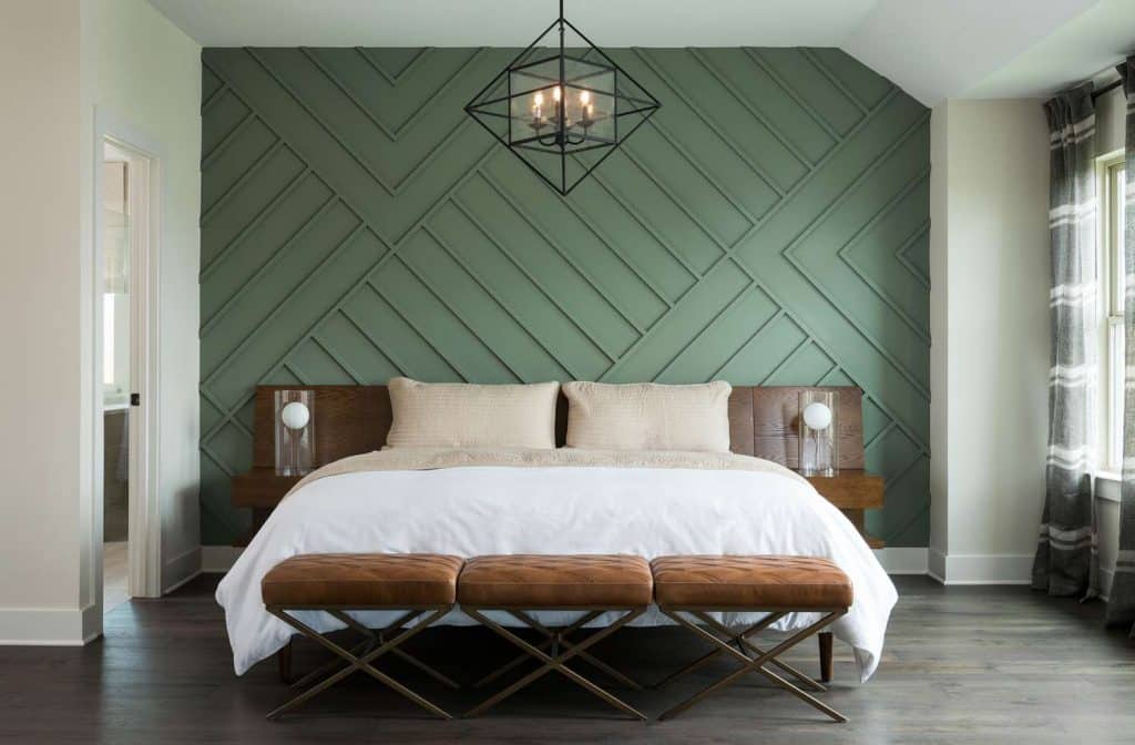 Asymmetrical board and batten wall in bedroom 