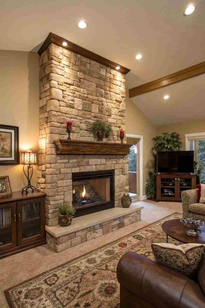 A beige living room with stone base fireplace and wooden floor and rug on it 