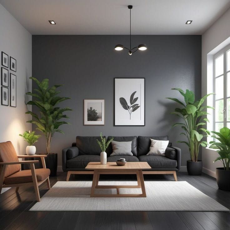 A grey living room with black flooring and wooden table with black sofa and frame on the wall 