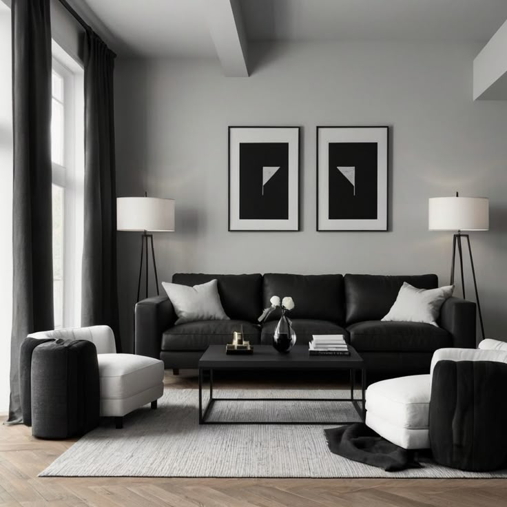 A grey living room with white lamp and sofa with cushion and wooden floor 