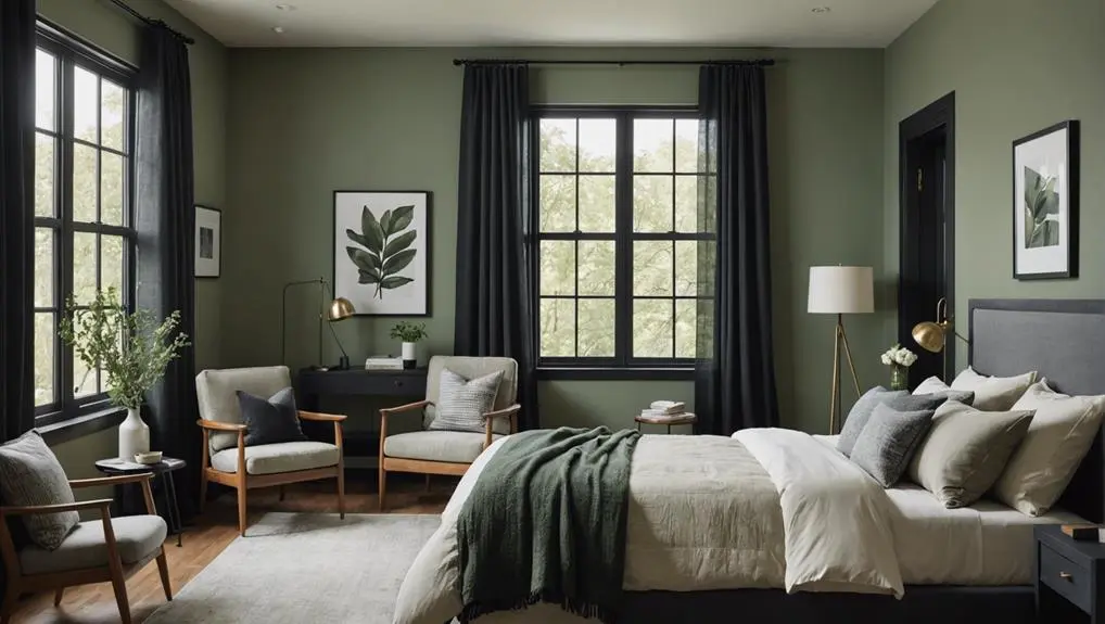 A green and black bedroom with white accent and chair in the room 