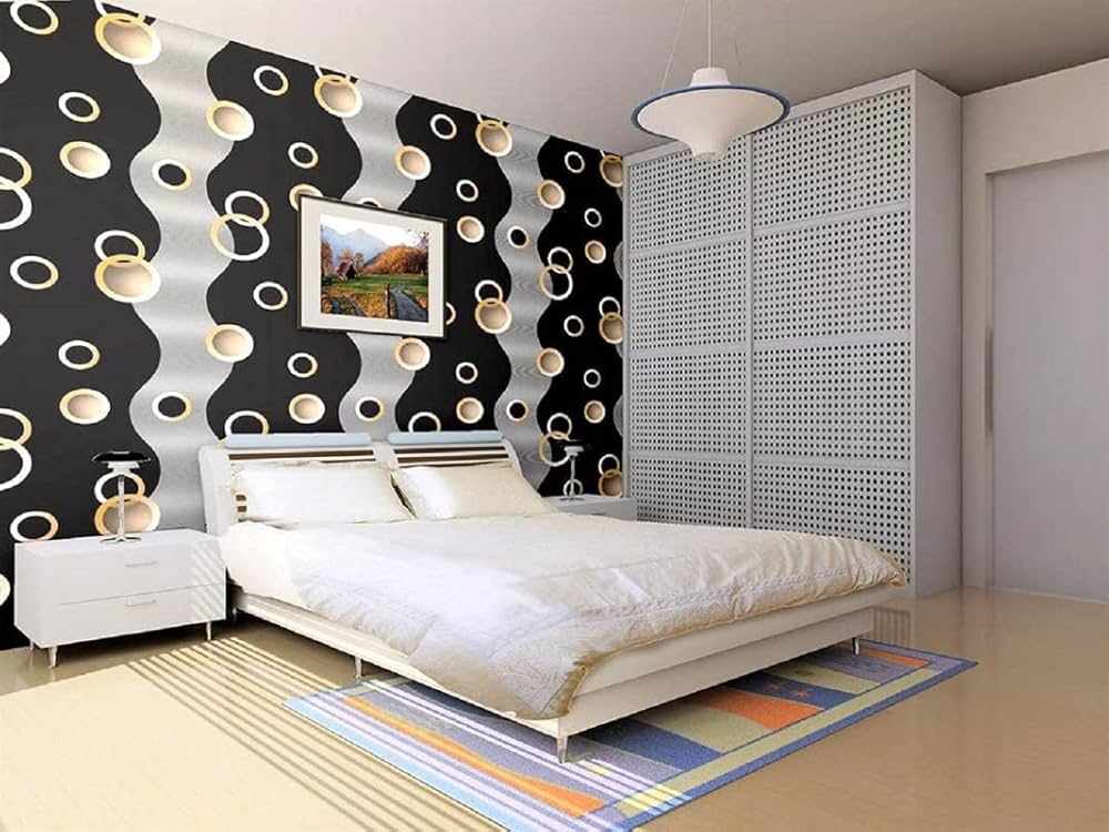 A black and grey wallpaper in grey bedroom and wooden floor 