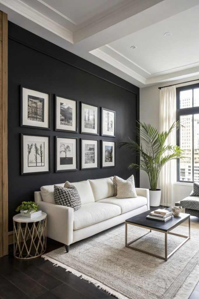 A black and grey living room with frames on the wall 