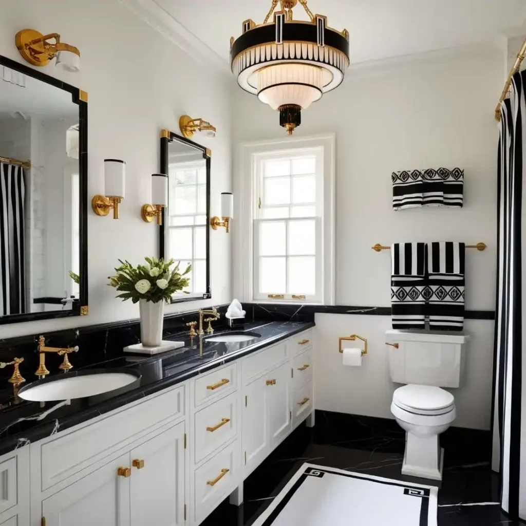 A white and black bathroom with white vanity and gold accents 
