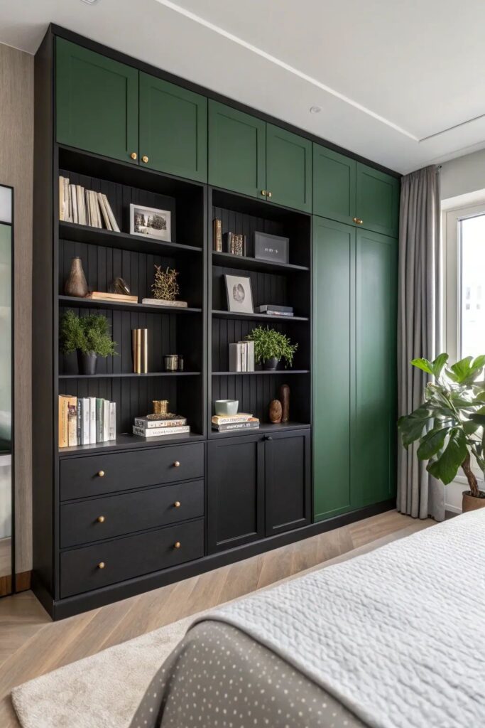 A black and green bedroom with built-in shelves 