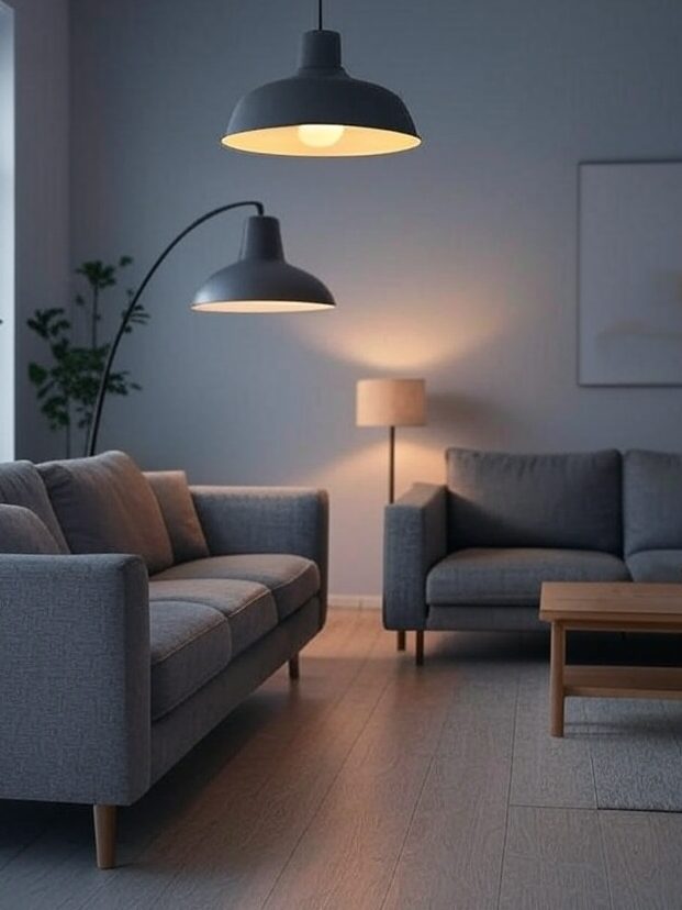 A grey living room with floor lamp with grey light and wooden table 