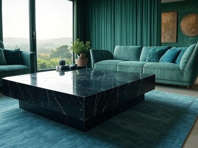 A green living room with sofa and marble table and wooden floor and rug on it 